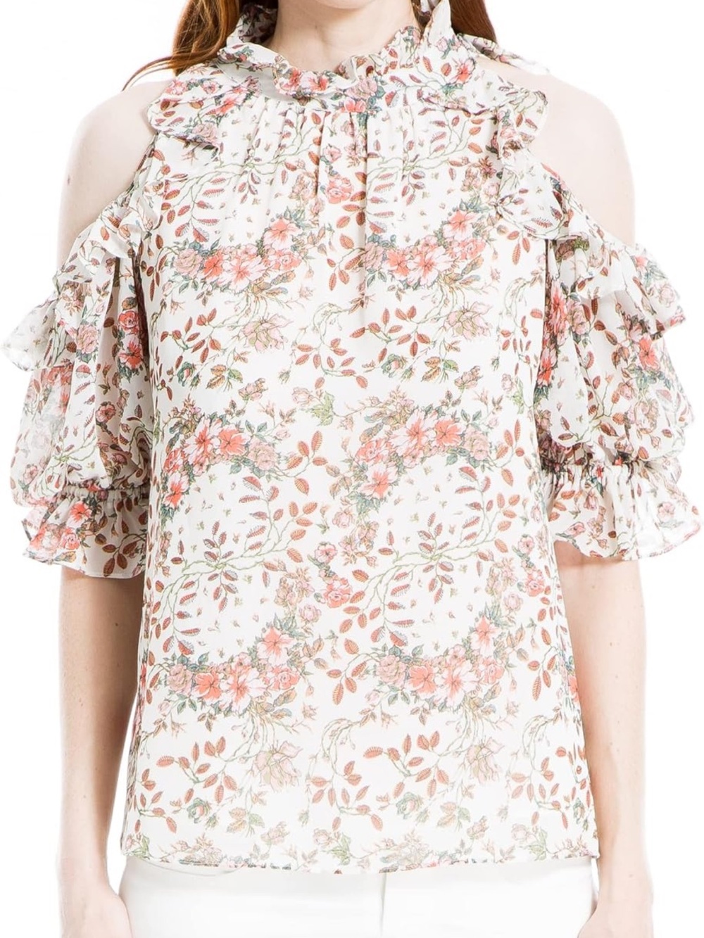 Max Studio White Cold-Shoulder Floral Ruffle Blouse
